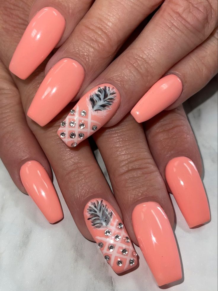 Glamorous Peach Coffin Nails with Rhinestone Pineapple — pineapple nail designs 2027