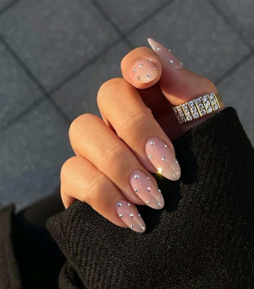 Sheer Pink with Scattered Rhinestones Sheer Pink with Scattered Rhinestones — Short almond nails 2027