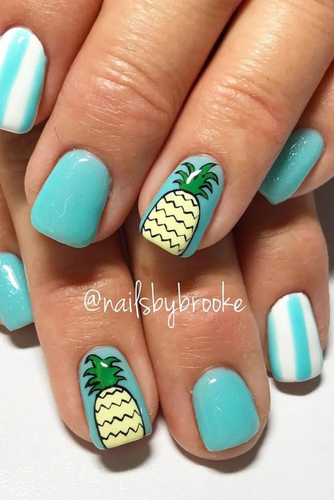Turquoise with Pineapple and White Stripes — pineapple nail designs 2027