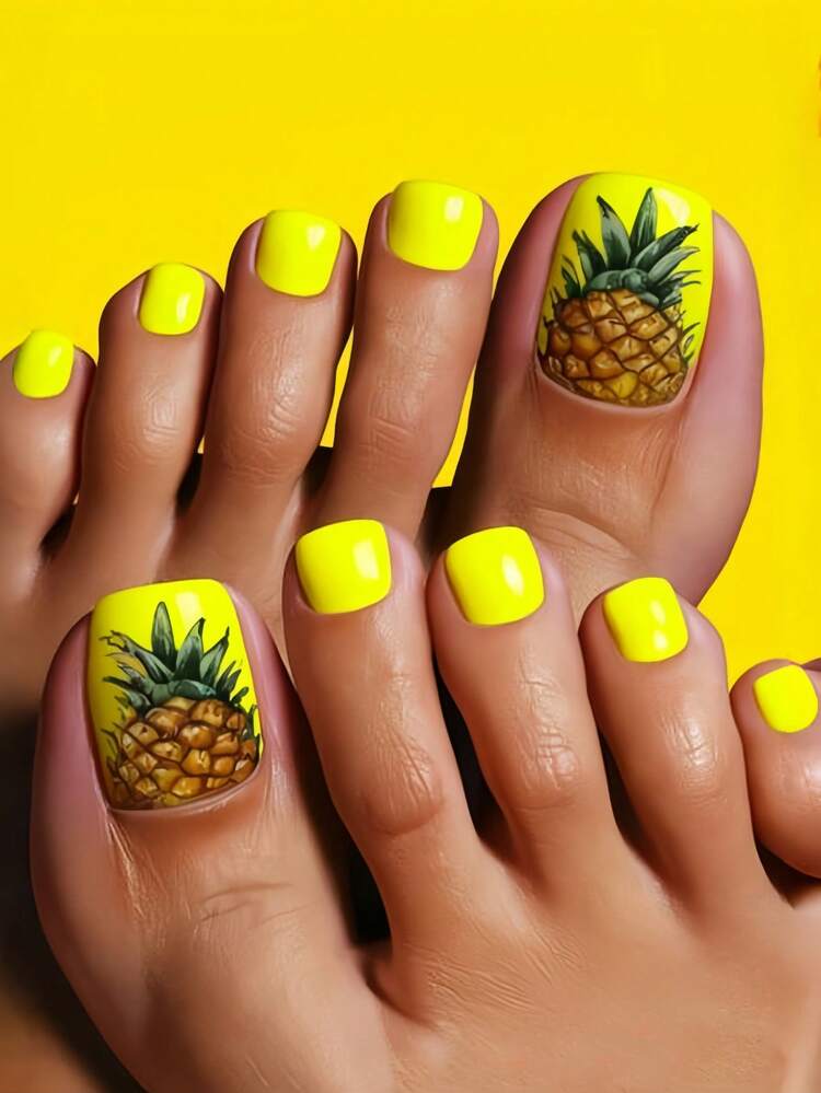 Yellow Toenails with Realistic Pineapple Art — pineapple nail designs 2027
