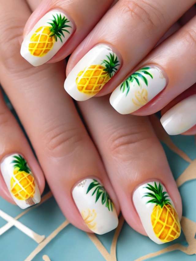 White Base with Pineapple and Palm Leaves — pineapple nail designs 2027