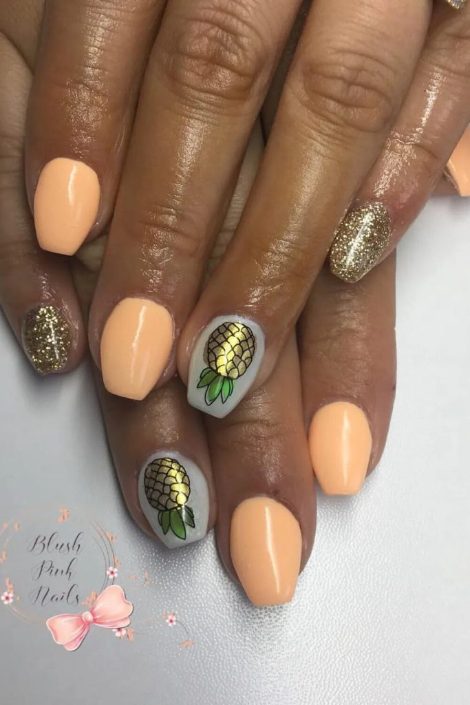 Soft Peach and Gold Glitter Short Ovals — pineapple nail designs 2027