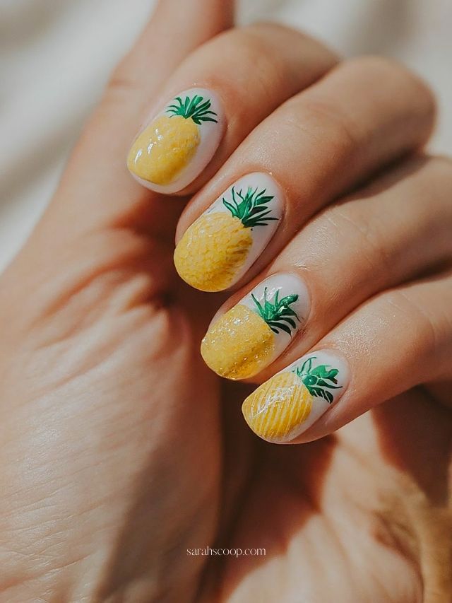 White Base All-Over Pineapple Illustrations — pineapple nail designs 2027