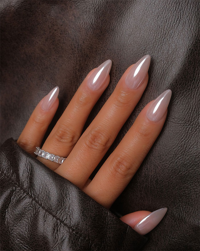 Sheer Beige Pearlescent Almonds Sheer Beige Pearlescent Almonds — Short almond nails 2027