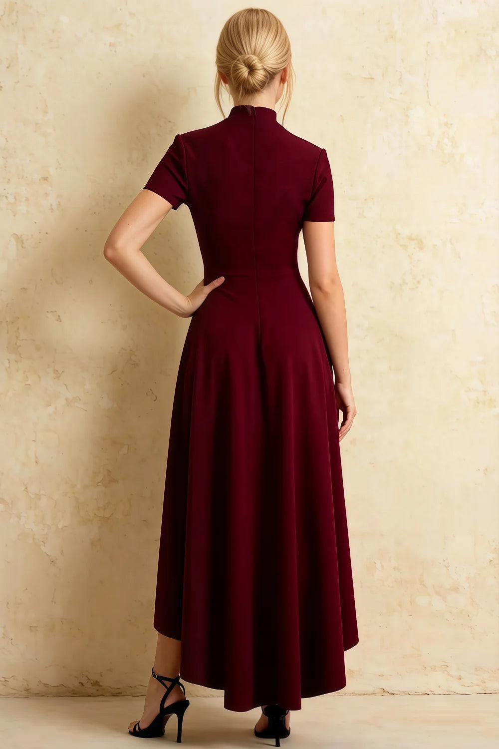 Casual Semi-Formal Burgundy High Neck Midi Dress with Flared Skirt Casual Semi-Formal Burgundy High Neck Midi Dress with Flared Skirt — Modest Dresses 2027