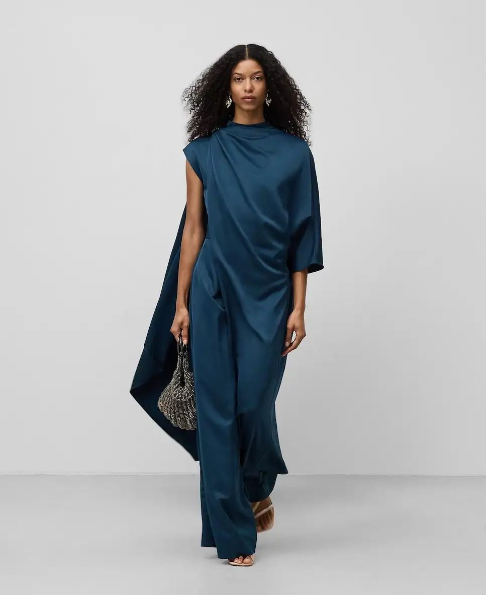 Deep Teal Satin Jumpsuit with Cowl Neck and Strappy Sandals Deep Teal Satin Jumpsuit with Cowl Neck and Strappy Sandals — Jumpsuit Outfits 2027