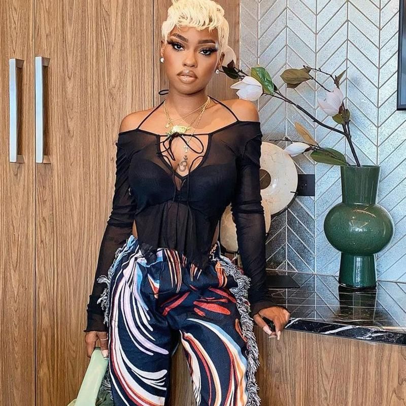 Casual Festival Sheer Black Mesh Top With Fringed Trousers — Mesh Top Outfits 2027