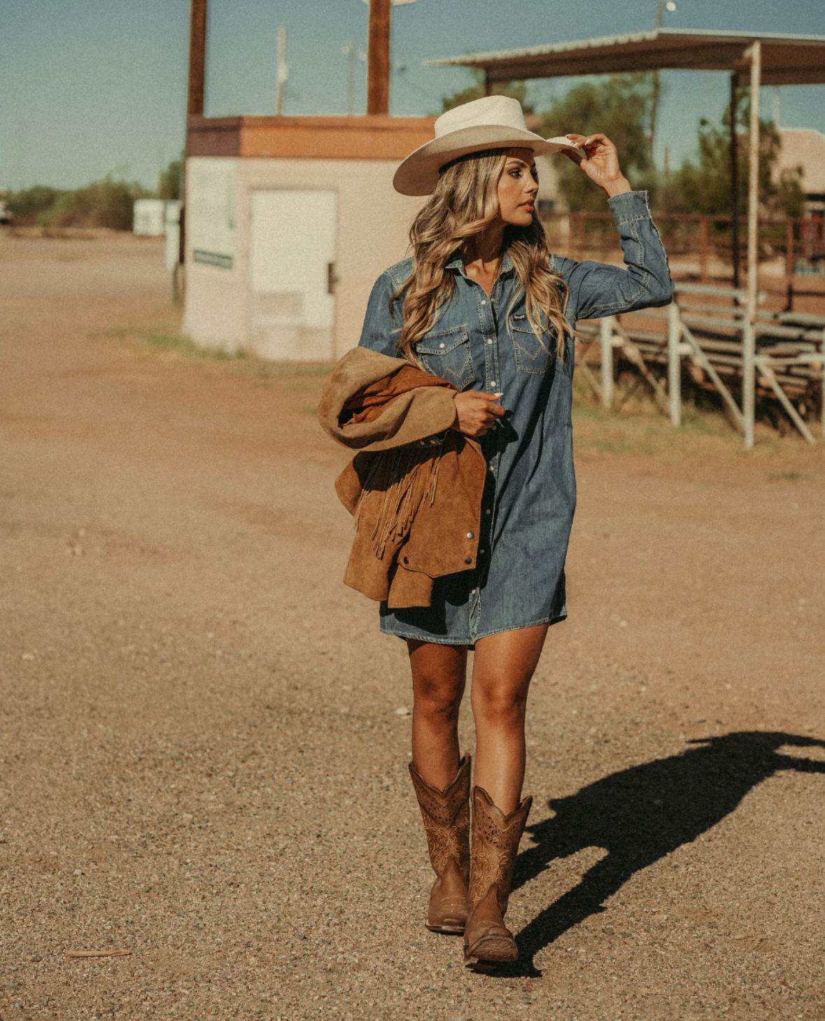 Denim Shirt Dress with Suede Fringe Jacket Denim Shirt Dress with Suede Fringe Jacket — Cowgirl Outfits 2027