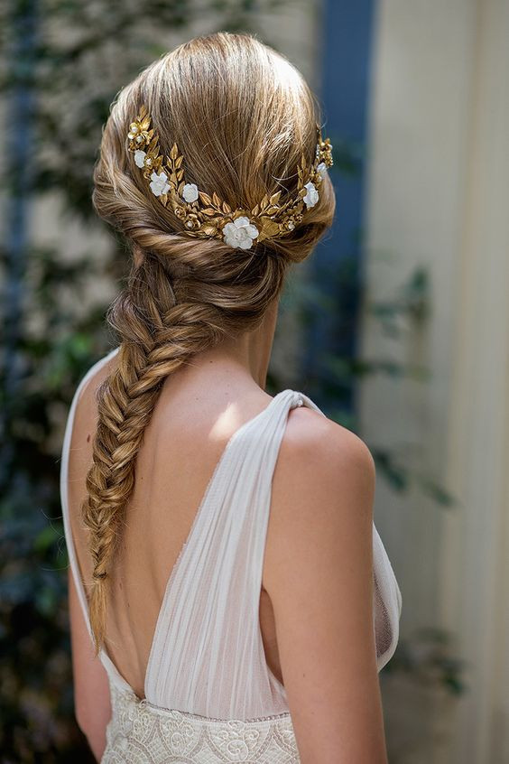 Light Brown Braided Updo With Golden Accessory — Spring Wedding Hair 2027