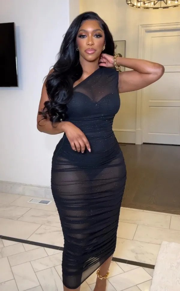 Sparkling Sheer Black Ruched Dress with Gold Heels Sparkling Sheer Black Ruched Dress with Gold Heels — Sheer Dress 2027