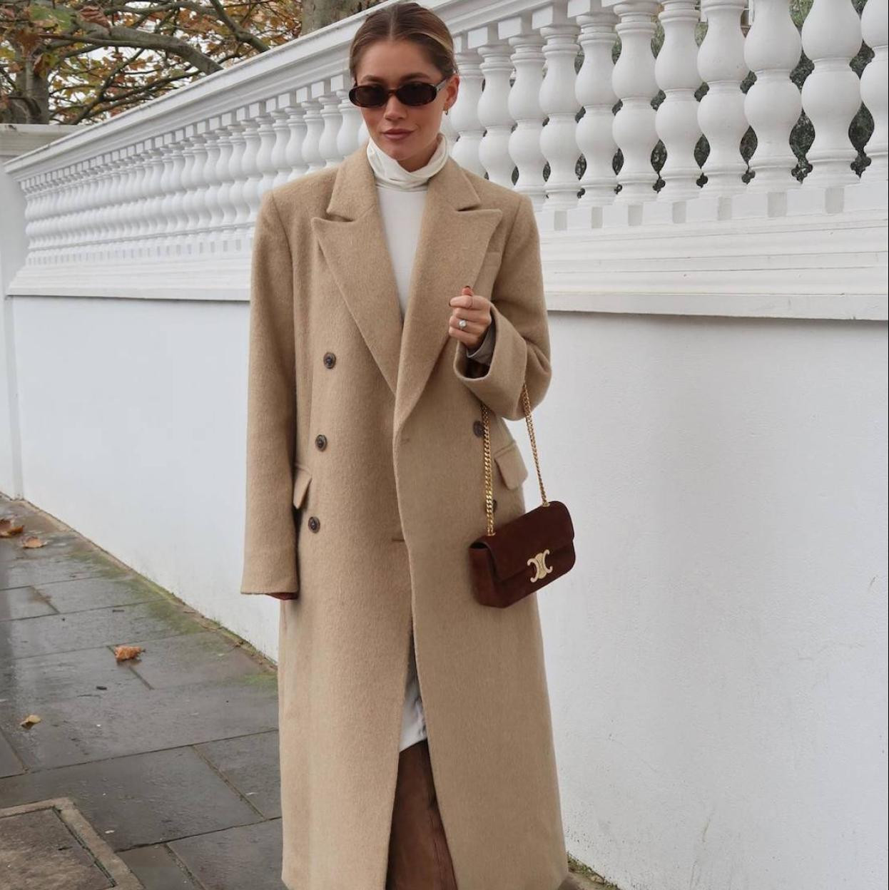 Elegant Camel Wool Coat Over White Turtleneck and Trousers Elegant Camel Wool Coat Over White Turtleneck and Trousers — Winter Neutral Outfits 2027