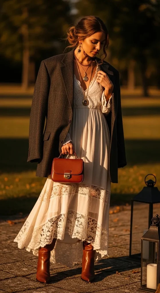 Lace-Trimmed Dress Under a Tweed Blazer Lace-Trimmed Dress Under a Tweed Blazer — Poetcore Outfits 2027