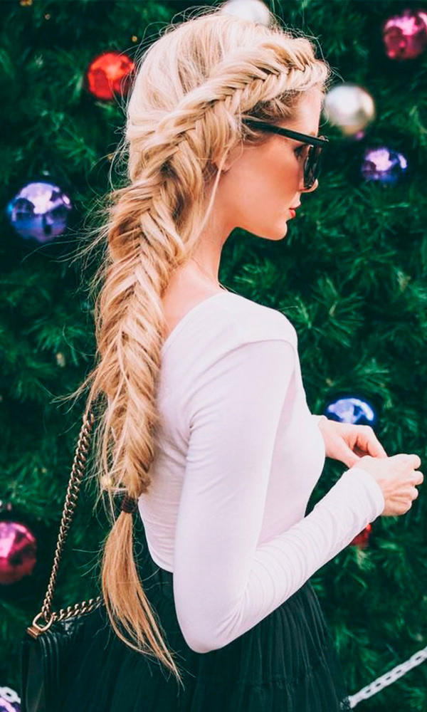 Blonde Fishtail Braid With Festive Lights Blonde Fishtail Braid With Festive Lights — Christmas Braids 2026