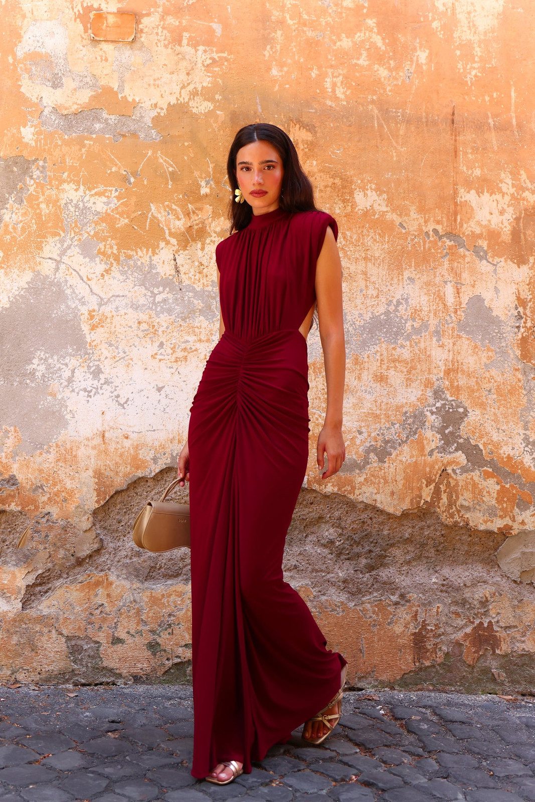 Burgundy Ruched Maxi Dress with High Neckline — Formal Dresses 2027