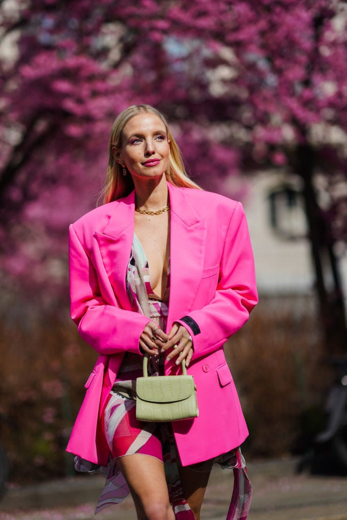 Playful Contrast: Hot Pink Blazer with Printed Dress Playful Contrast: Hot Pink Blazer with Printed Dress — Spring Outfits 2027 with Blazer