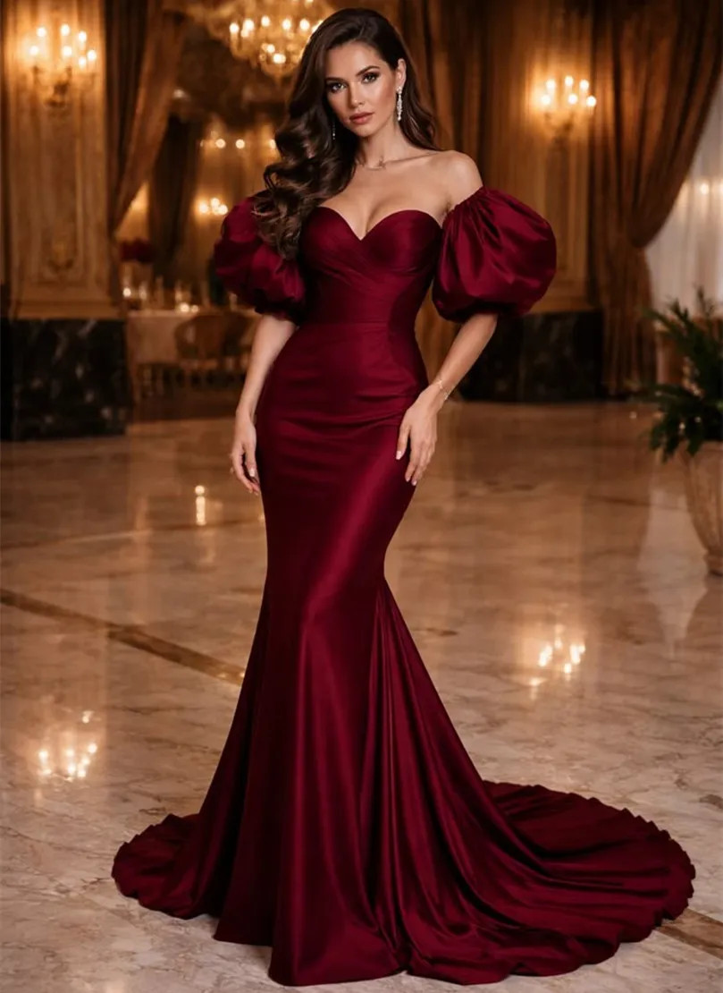 Burgundy Off-the-Shoulder Satin Gown with Puff Sleeves Burgundy Off-the-Shoulder Satin Gown with Puff Sleeves — Satin Prom Dresses 2027