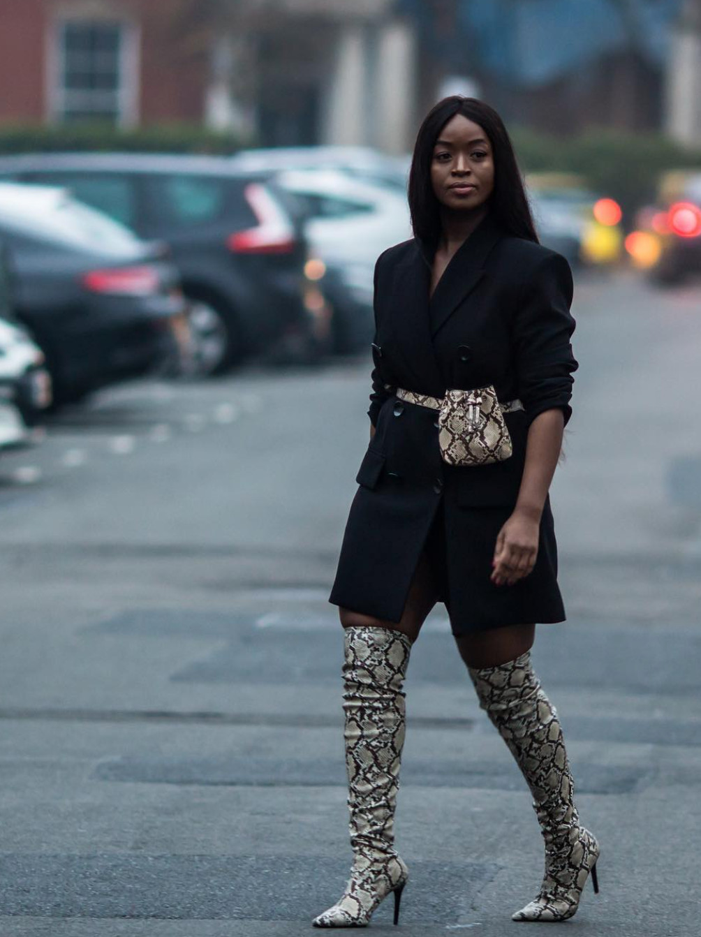 Black Blazer Dress with Snakeskin Print Belt Bag and Matching Knee-High Boots Black Blazer Dress with Snakeskin Print Belt Bag and Matching Knee-High Boots — Knee High Boots Outfits 2027