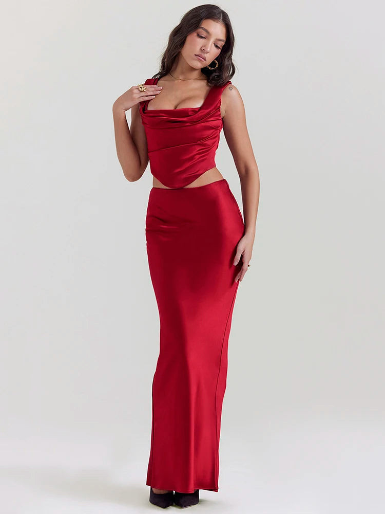 Red Satin Corset Top with Cowl Neck Maxi Skirt Red Satin Corset Top with Cowl Neck Maxi Skirt — Spring Corset Top Outfits 2027