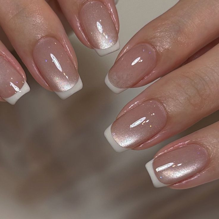 Sheer Nude French Tips with Iridescent Cat-Eye Sheer Nude French Tips with Iridescent Cat-Eye — Square Nails 2027