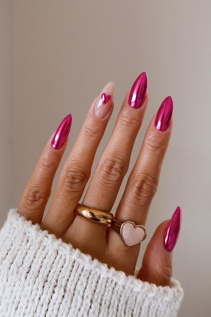 Hot Pink Chrome Heart Accent Nails Hot Pink Chrome Heart Accent Nails — Pink Valentines Nails 2027