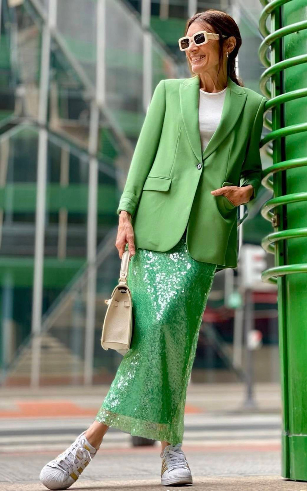 Green Blazer and Sequin Skirt with White Sneakers Green Blazer and Sequin Skirt with White Sneakers — Spring Outfits 2027 with Sneakers
