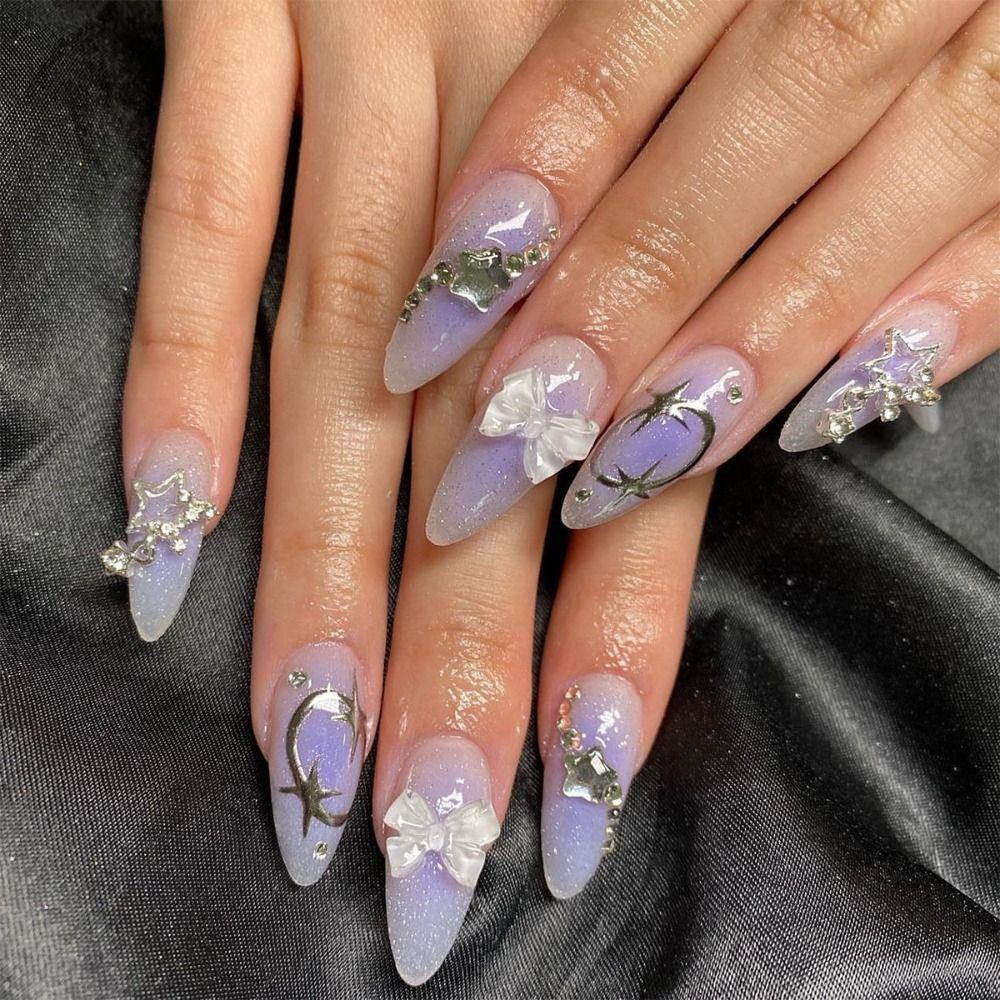 Lilac Glitter Stilettos with 3D White Bows Lilac Glitter Stilettos with 3D White Bows — Bow Stiletto Nails 2027