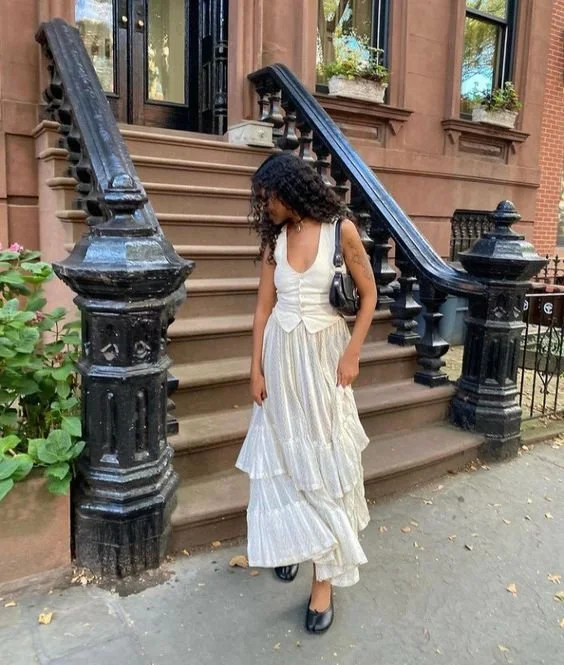 Sleeveless Vest Over a Tiered Maxi Skirt Sleeveless Vest Over a Tiered Maxi Skirt — Balletcore Outfits 2027