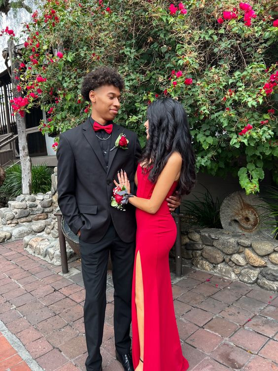 Bold Red High-Slit Gown and Classic Black Suit for Prom Bold Red High-Slit Gown and Classic Black Suit for Prom — Prom Couple Outfits 2027