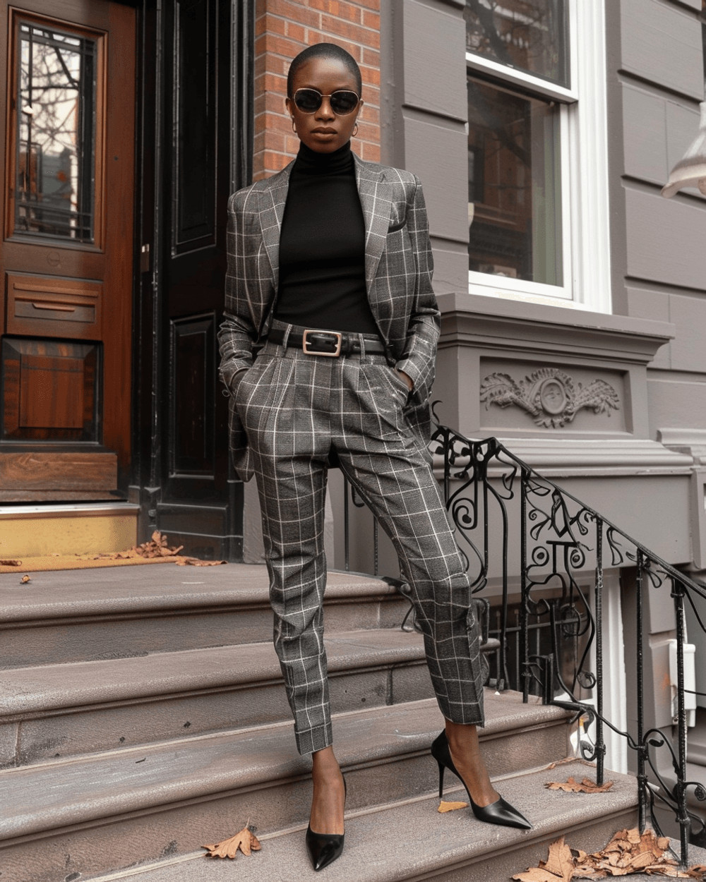 Smart Casual Sophistication: Fitted Grey Plaid Suit with Black Turtleneck Smart Casual Sophistication: Fitted Grey Plaid Suit with Black Turtleneck — Plaid Outfits 2027