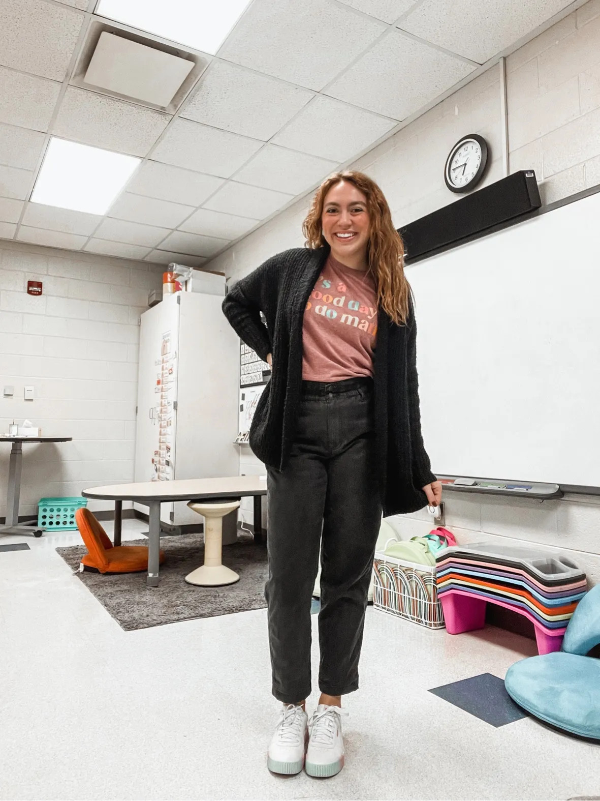 Chunky Knit Cardigan with Graphic Tee and Jeans — Casual Teacher Outfits 2027
