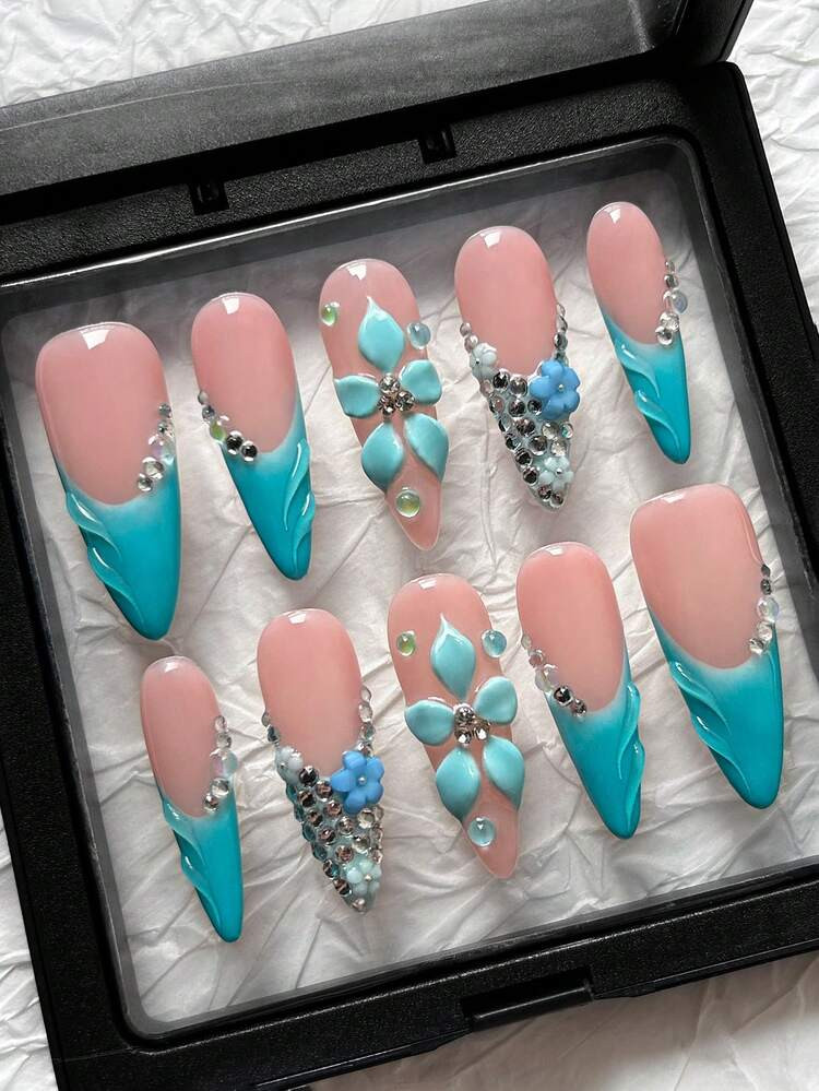 Pink and Blue French Tip Coffin Nails — Prom Press On Nails 2027