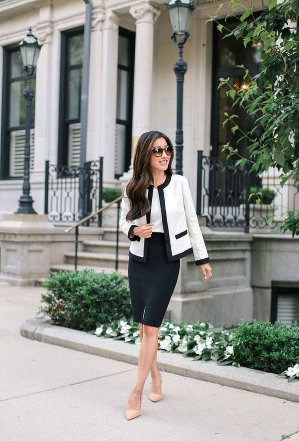 Classic Black and White Jacket with Pencil Skirt Classic Black and White Jacket with Pencil Skirt — Conference Outfits 2027