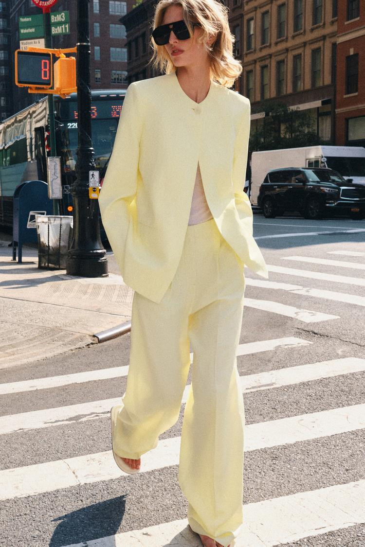 Pastel Power Suit: Pale Yellow Blazer and Pink Tank with Wide-Leg Trousers — Summer Work Outfits 2027