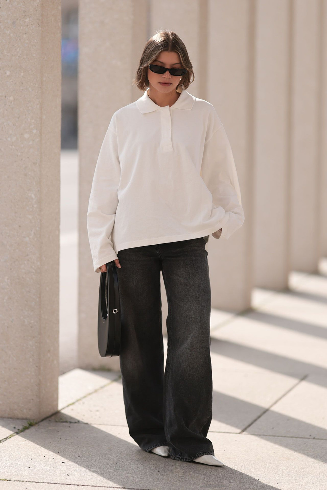 White Polo Shirt and Grey Wide Leg Jeans White Polo Shirt and Grey Wide Leg Jeans — Sweater and Jeans Outfits 2027