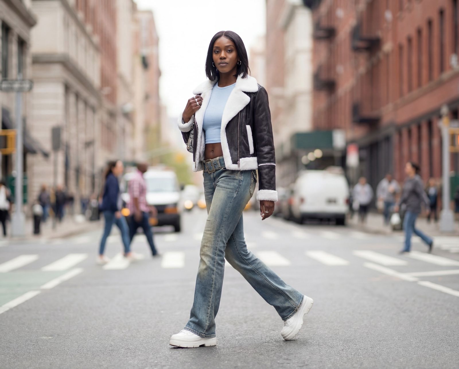 Shearling Jacket and Flared Jeans with White Platform Sneakers Shearling Jacket and Flared Jeans with White Platform Sneakers — White Sneakers Outfits 2027
