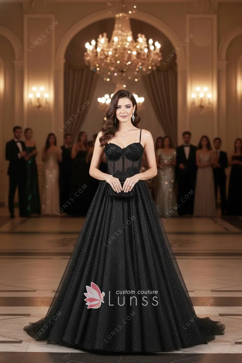 Prom Formal Event Black Glitter Tulle Ballgown with Sheer Lace Corset Bodice Prom Formal Event Black Glitter Tulle Ballgown with Sheer Lace Corset Bodice — Corset Prom Dresses 2027