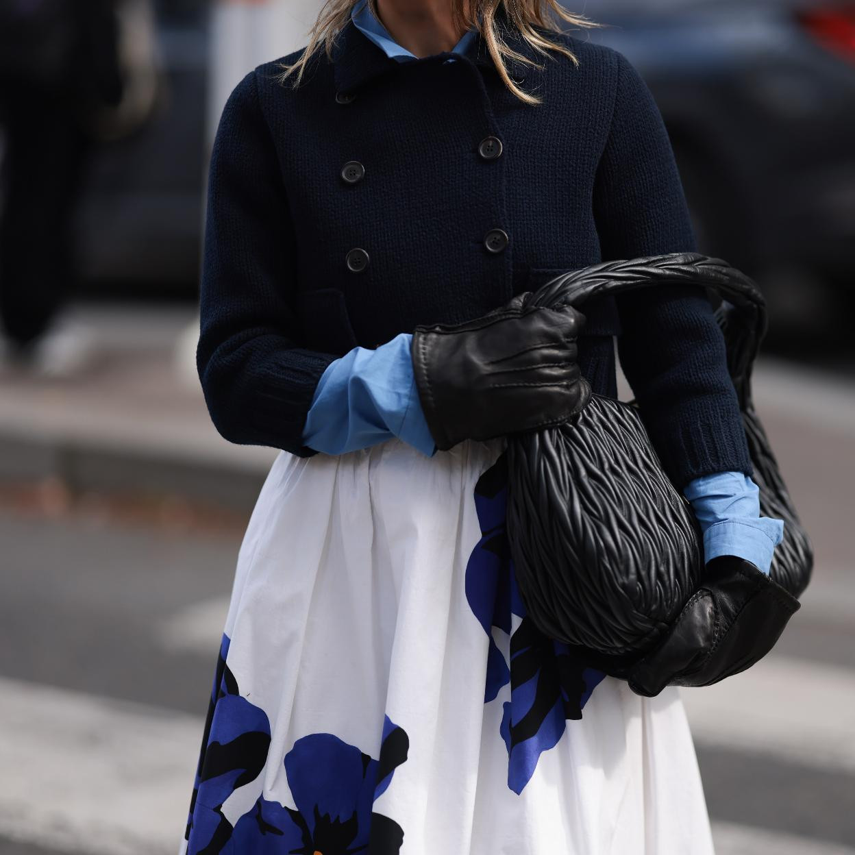 Navy Knit Jacket with Floral Skirt Navy Knit Jacket with Floral Skirt — Winter Navy Outfits 2027