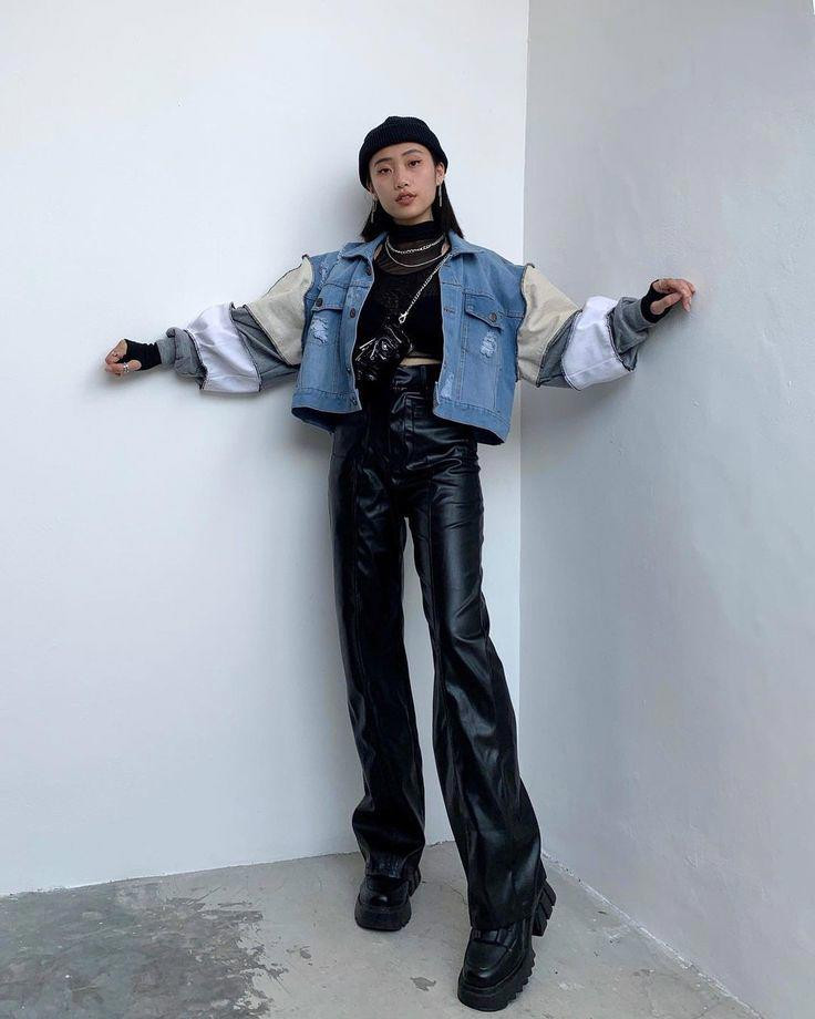 Oversized Denim Jacket with Faux Leather Pants — Tumblr Outfits 2027