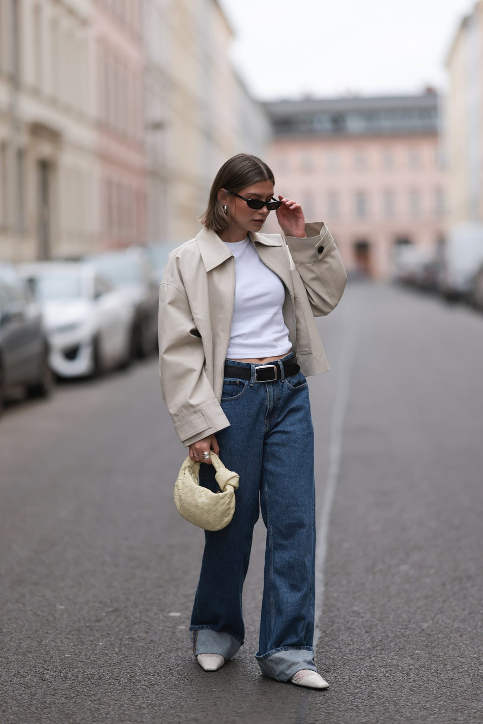 Chic Beige Cropped Jacket and Dark Wash Wide-Leg Jeans — Wide Leg Jeans Outfits 2027