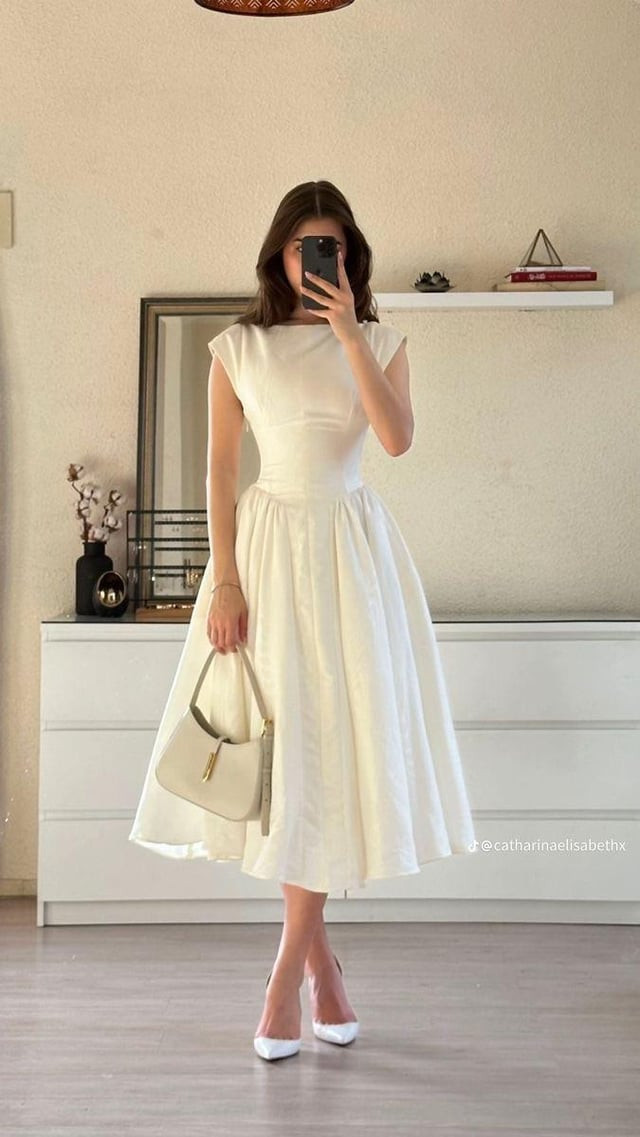 Ivory Cap Sleeve Midi Dress with Full Skirt for Church Ivory Cap Sleeve Midi Dress with Full Skirt for Church — Church Dresses 2027