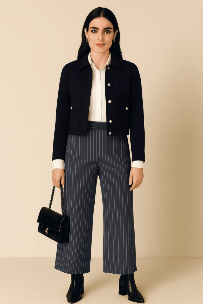 White Shirt, Pinstripe Trousers, and Cropped Jacket for an Interview White Shirt, Pinstripe Trousers, and Cropped Jacket for an Interview — Winter Interview Outfits 2027
