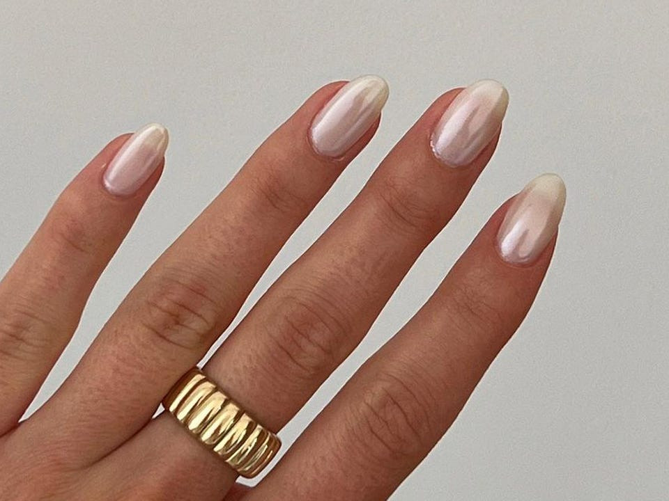 Pale Pearlescent Pink Chrome Chrome — Short Wedding Nails 2027