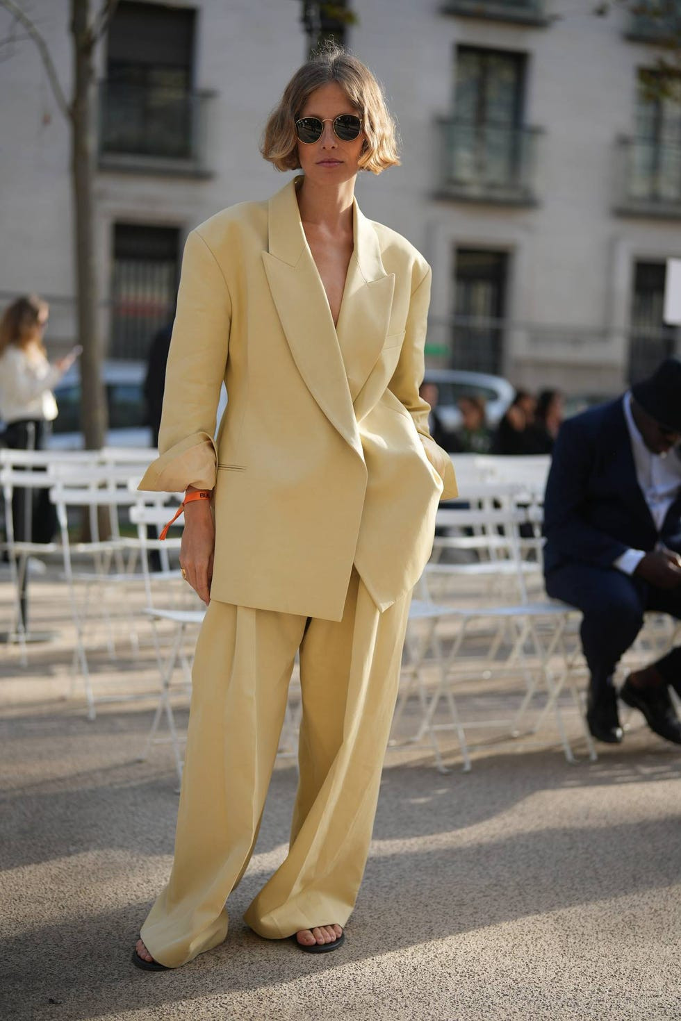 Relaxed Pale Yellow Suit with Dark Blue Flats Relaxed Pale Yellow Suit with Dark Blue Flats — Pale Yellow Outfits 2027