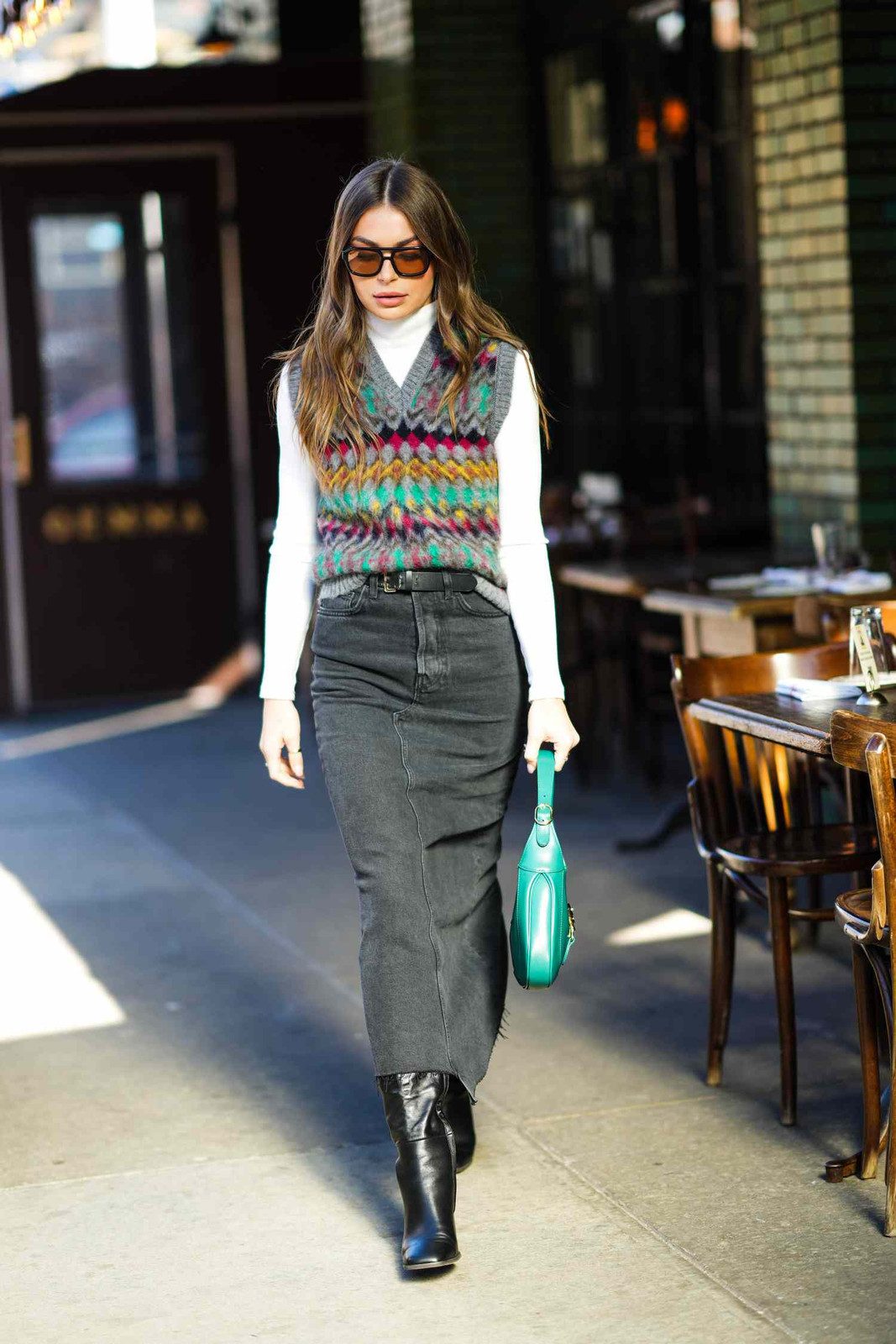Multicolor Knit Vest Over White Turtleneck with Denim Pencil Skirt Multicolor Knit Vest Over White Turtleneck with Denim Pencil Skirt — Sweater Vest Outfits 2027
