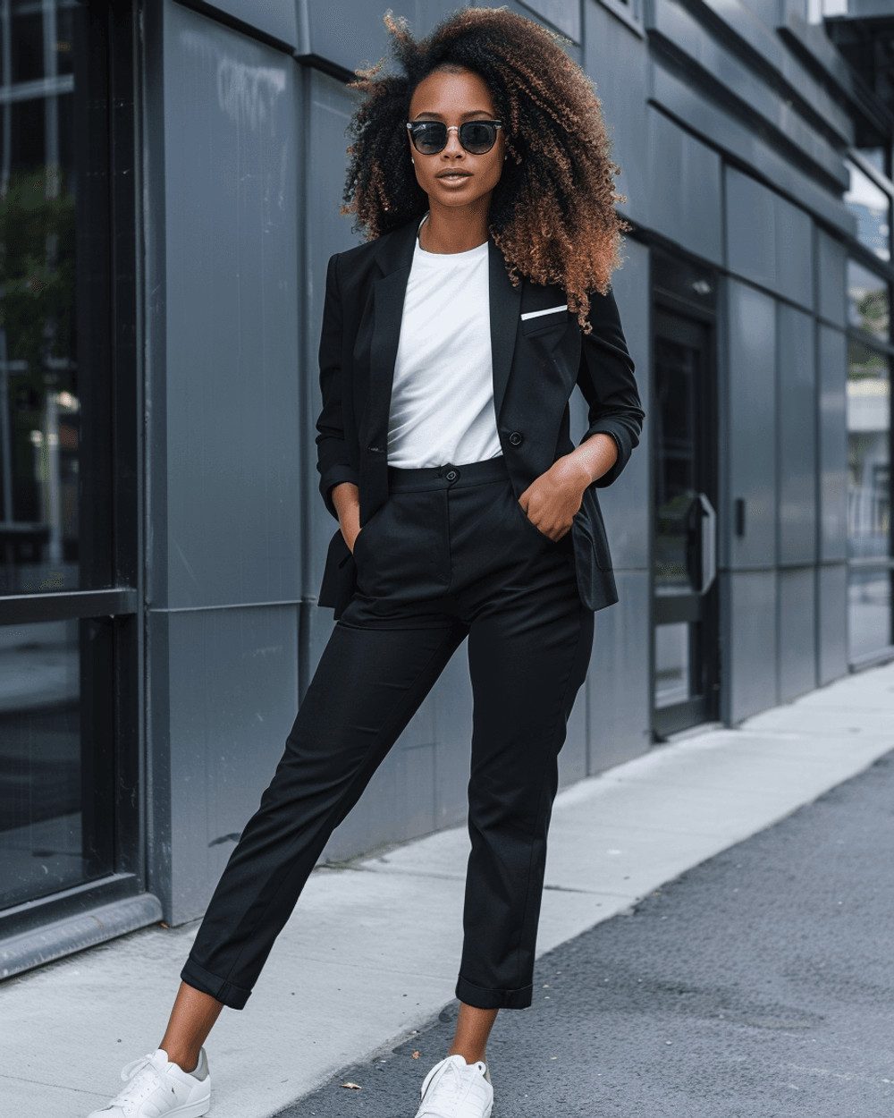 Sharp Black Suit with White Tee and Sneakers Sharp Black Suit with White Tee and Sneakers — Outfits 2027 for Black Women