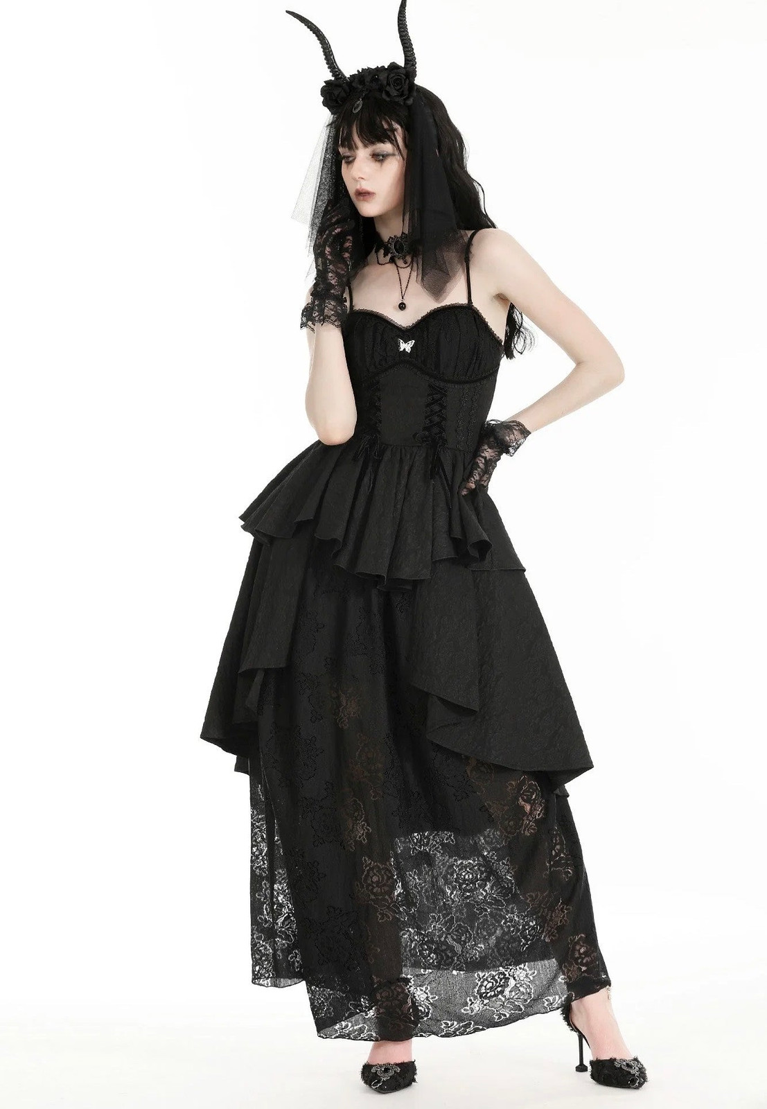 Elegant Evening: Black Corset Dress with Tiered Lace Skirt and Veil Elegant Evening: Black Corset Dress with Tiered Lace Skirt and Veil — Gothic Romantic Outfits 2027