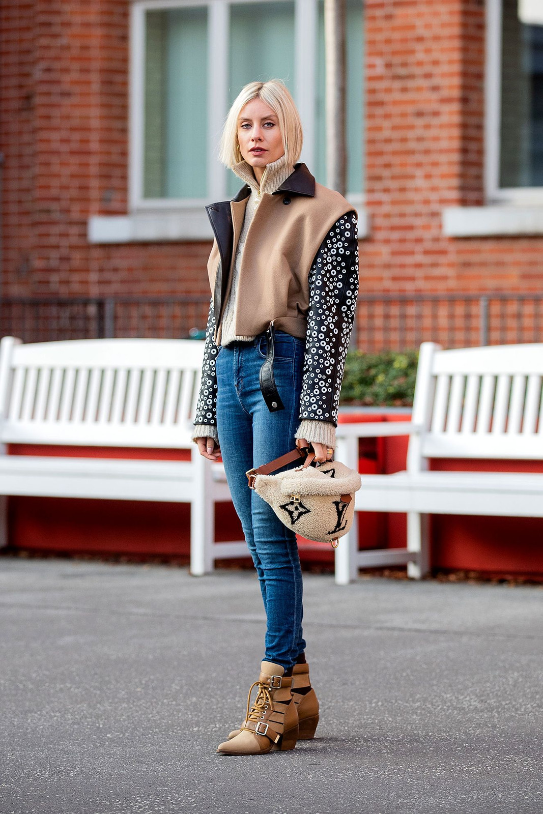 Dark Blue Skinny Jeans with Sequined Sleeve Jacket and Lace-Up Boots — Scene Skinny Jeans Outfits 2027