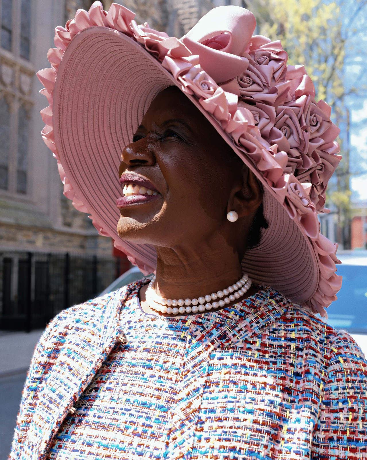 Multi-Colored Tweed Suit with Oversized Floral Hat Multi-Colored Tweed Suit with Oversized Floral Hat — Easter Church Outfits 2027
