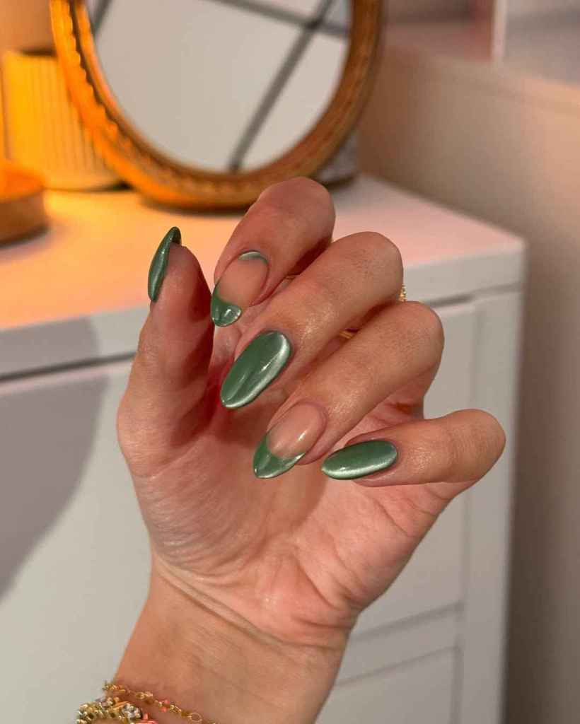 Olive Green Cat-Eye French Tip Almond Nails Olive Green Cat-Eye French Tip Almond Nails — Green Nails 2027