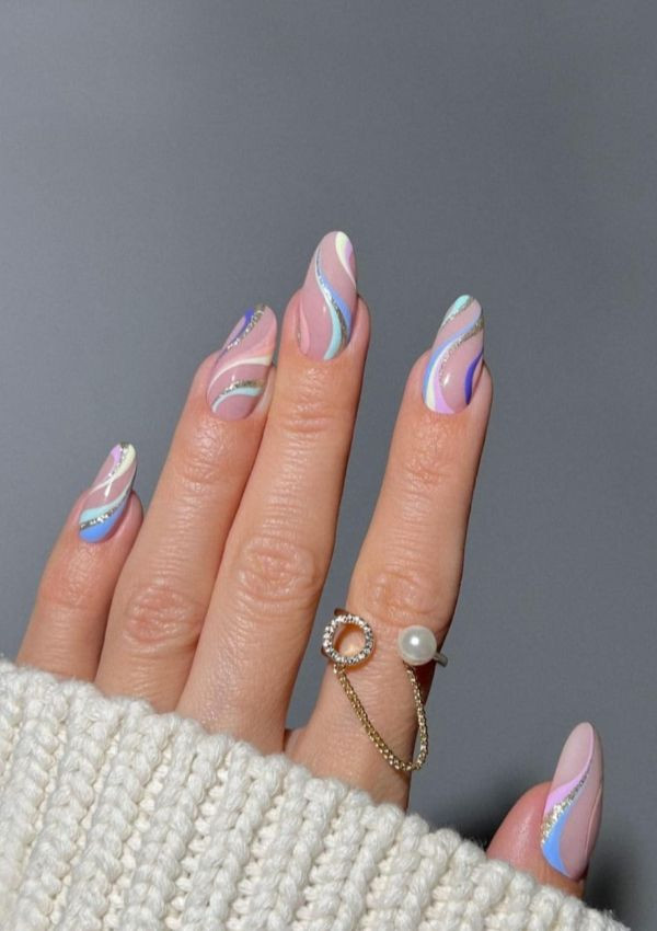 Medium Almond Pastel Swirls Glitter Lines Medium Almond Pastel Swirls Glitter Lines — Abstract Nails 2027